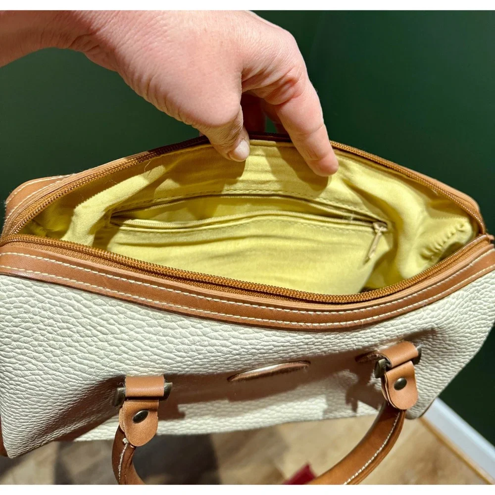 Esprit Cream Pebble Grain Satchel Bag Tan Leather Trim Top Handle - Picture 9 of 10
